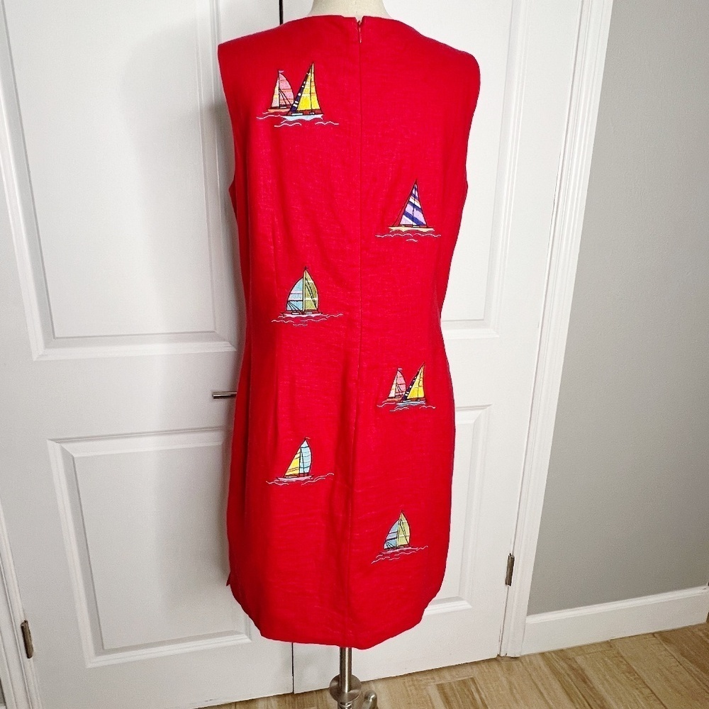 Vintage Dressbarn Shift Red Linen Blend Sailboat Embroidered Coastal Dress 12 - Picture 2 of 6